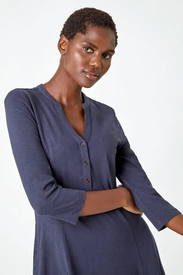 Grey Button Detail Cotton Dress Women Roman Dresses