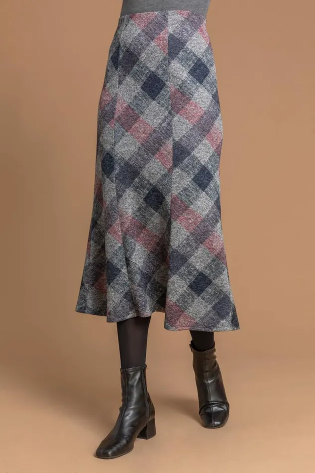 Grey Check Print Fluted Midi Skirt Women Roman Skirts