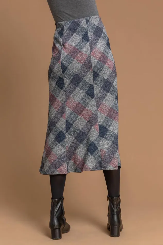 Grey Check Print Fluted Midi Skirt Women Roman Skirts