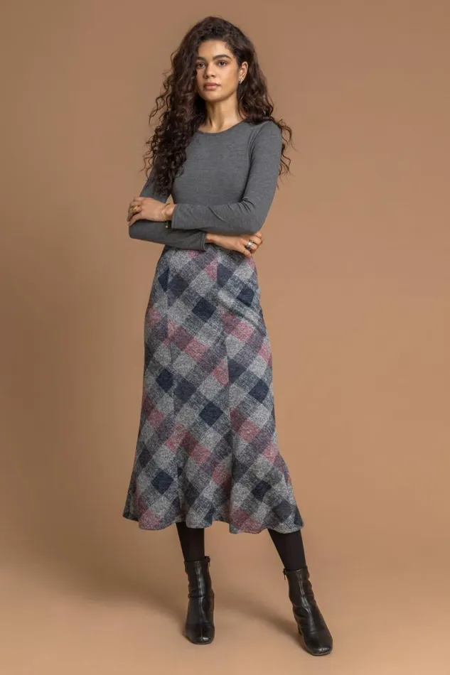 Grey Check Print Fluted Midi Skirt Women Roman Skirts