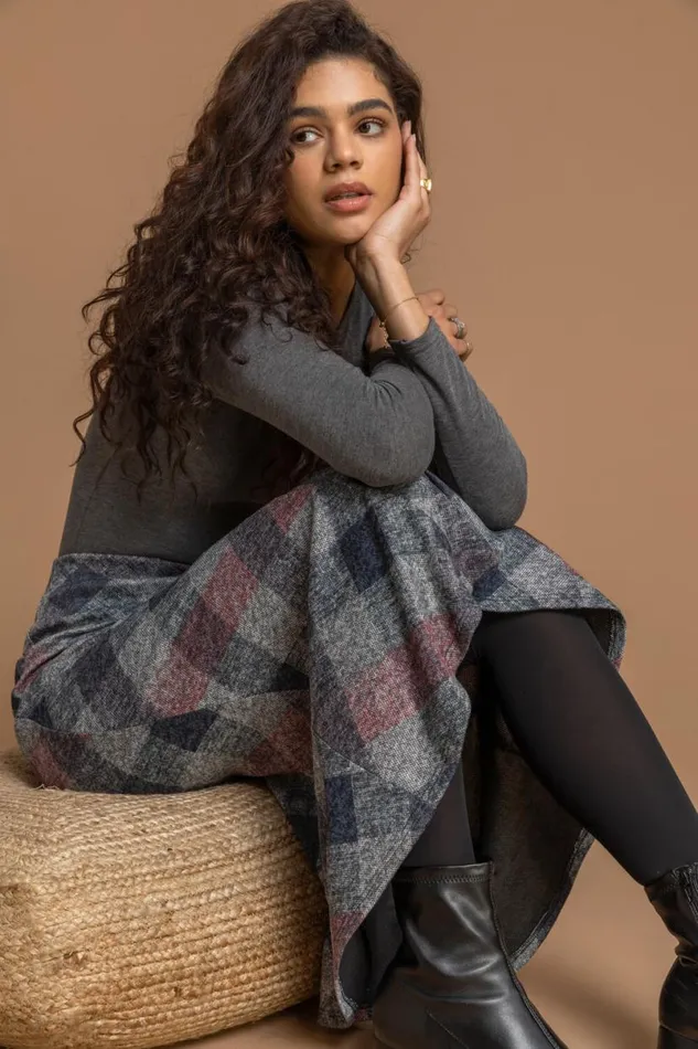 Grey Check Print Fluted Midi Skirt Women Roman Skirts