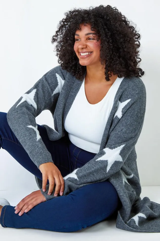 Grey Curve Longline Star Print Stretch Cardigan Women Roman Knitwear