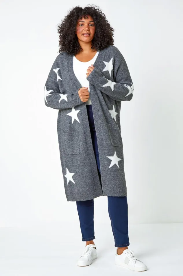 Grey Curve Longline Star Print Stretch Cardigan Women Roman Knitwear