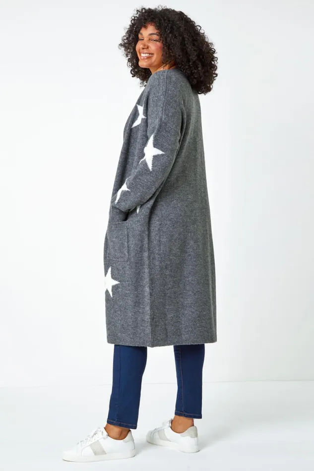 Grey Curve Longline Star Print Stretch Cardigan Women Roman Knitwear
