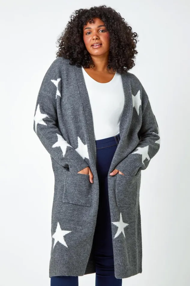 Grey Curve Longline Star Print Stretch Cardigan Women Roman Knitwear