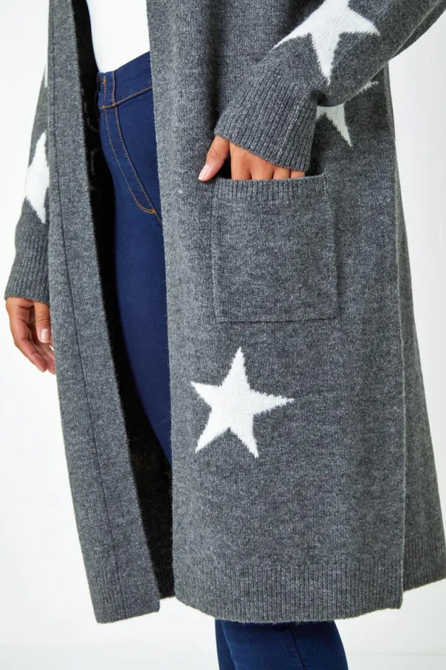 Grey Curve Longline Star Print Stretch Cardigan Women Roman Knitwear