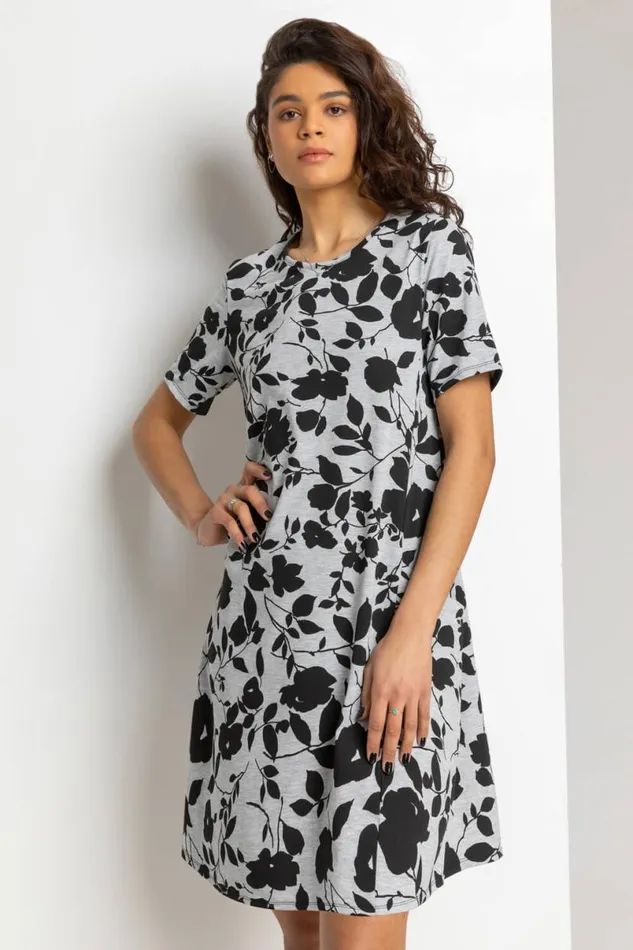 Grey Floral Print Pocket Shift Dress Women Roman Dresses