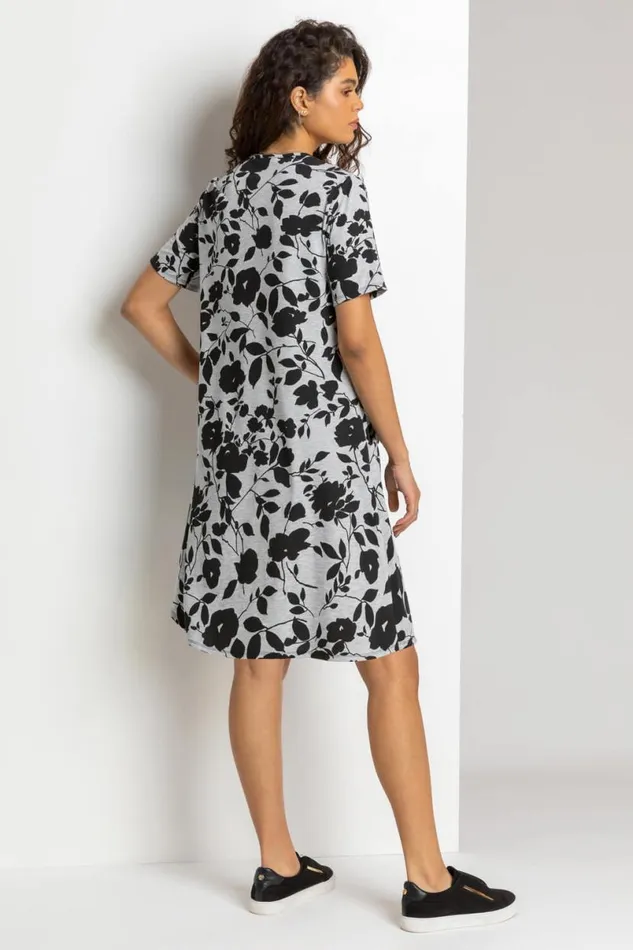 Grey Floral Print Pocket Shift Dress Women Roman Dresses