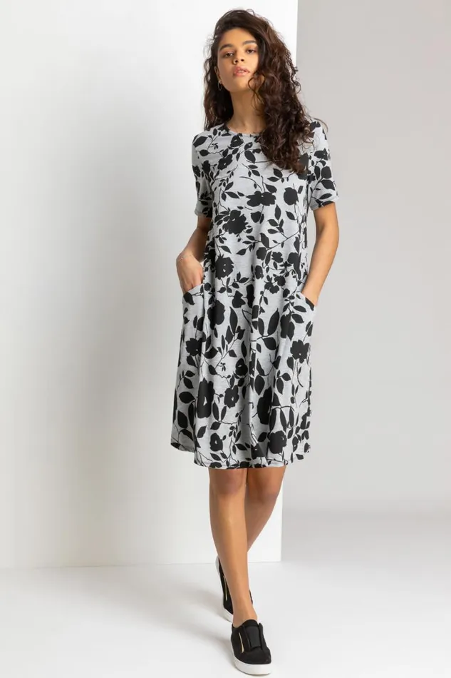 Grey Floral Print Pocket Shift Dress Women Roman Dresses