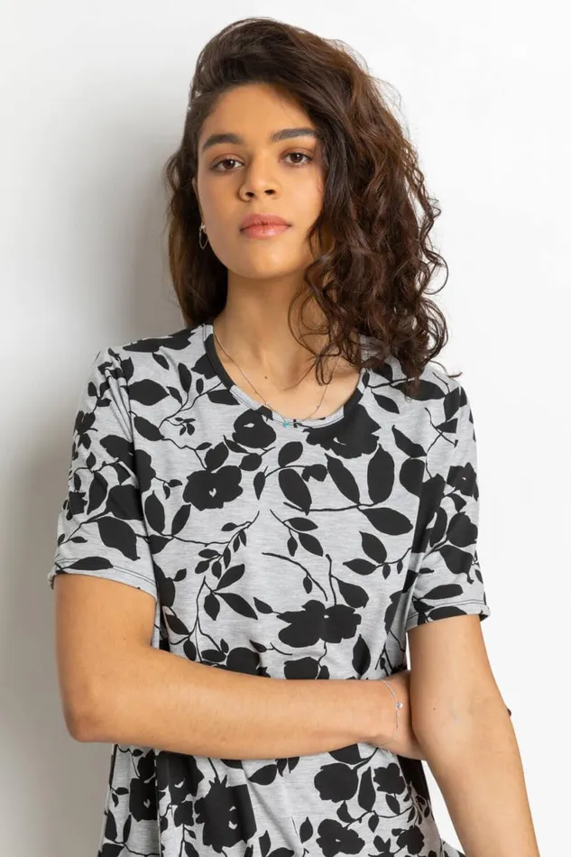 Grey Floral Print Pocket Shift Dress Women Roman Dresses
