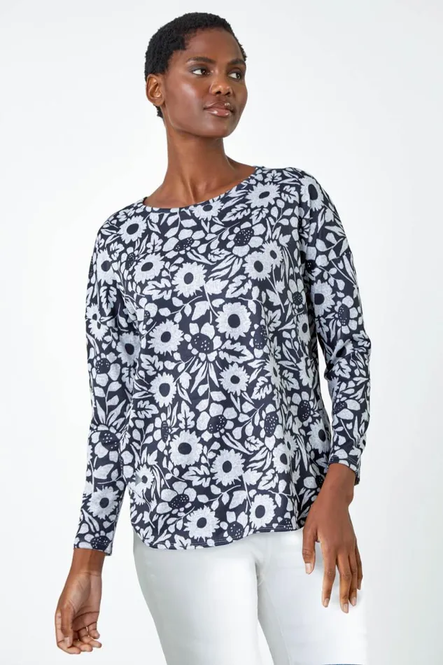 Grey Floral Print Stretch Top Women Roman Tops