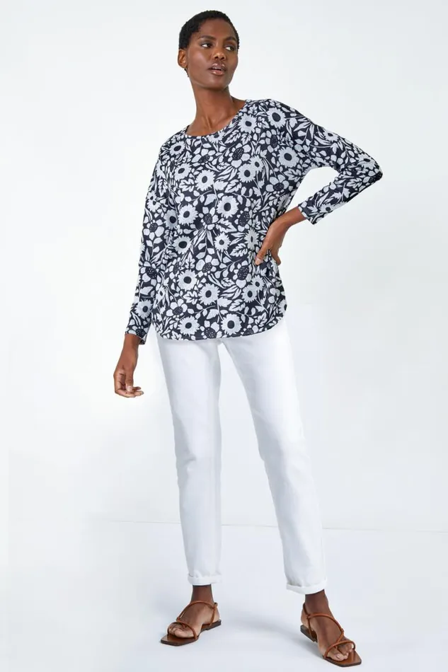 Grey Floral Print Stretch Top Women Roman Tops