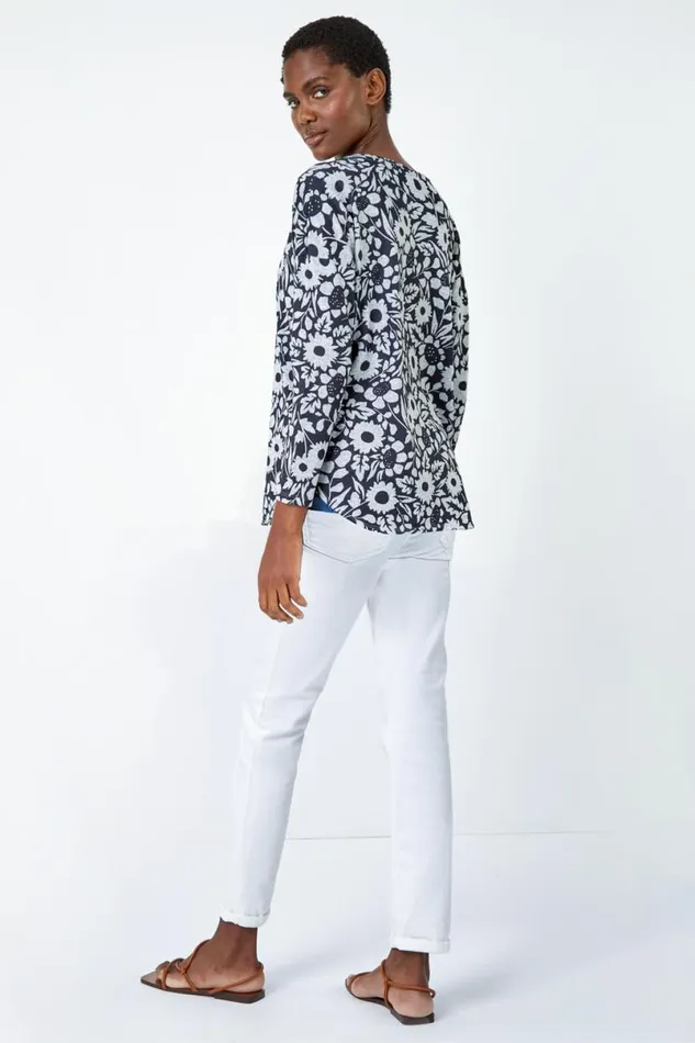 Grey Floral Print Stretch Top Women Roman Tops