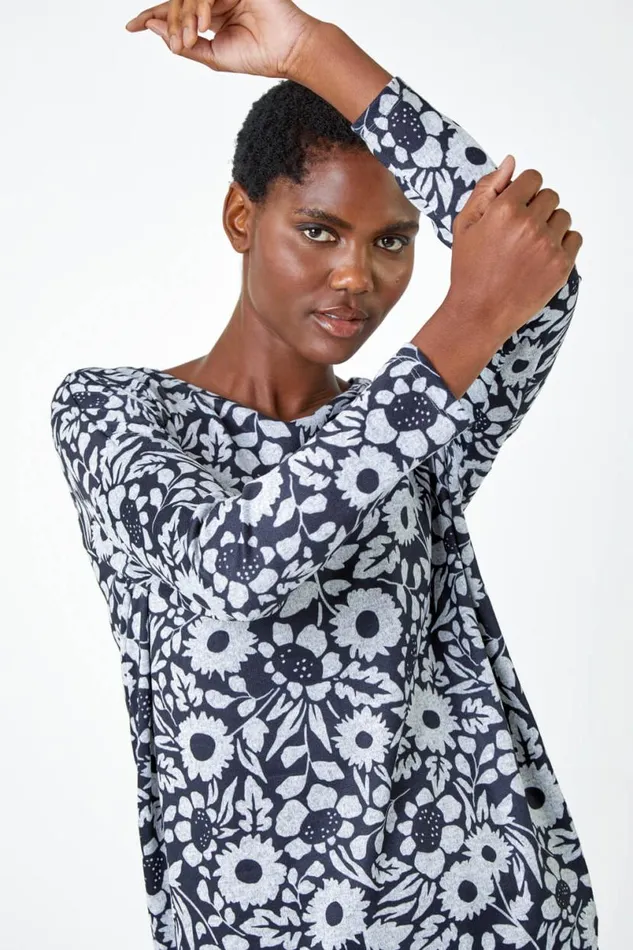 Grey Floral Print Stretch Top Women Roman Tops