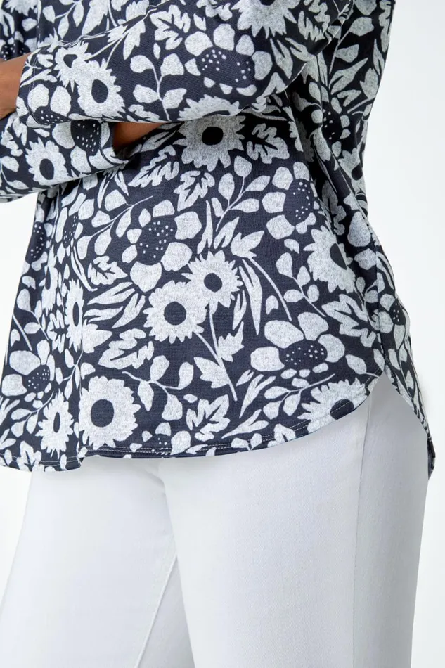 Grey Floral Print Stretch Top Women Roman Tops