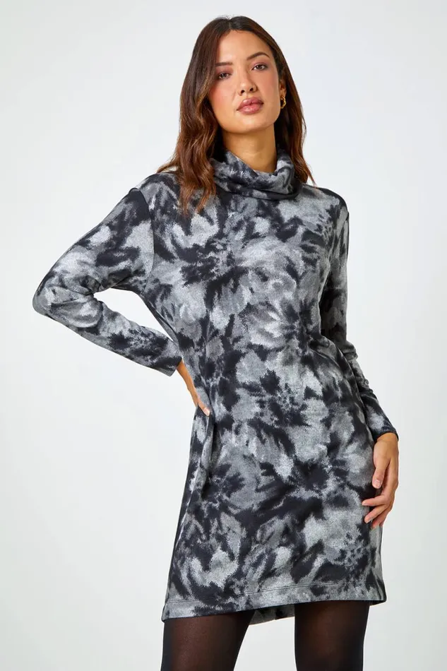 Grey Floral Tie Dye Print Tunic Stretch Dress Women Roman Dresses
