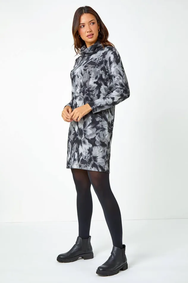 Grey Floral Tie Dye Print Tunic Stretch Dress Women Roman Dresses