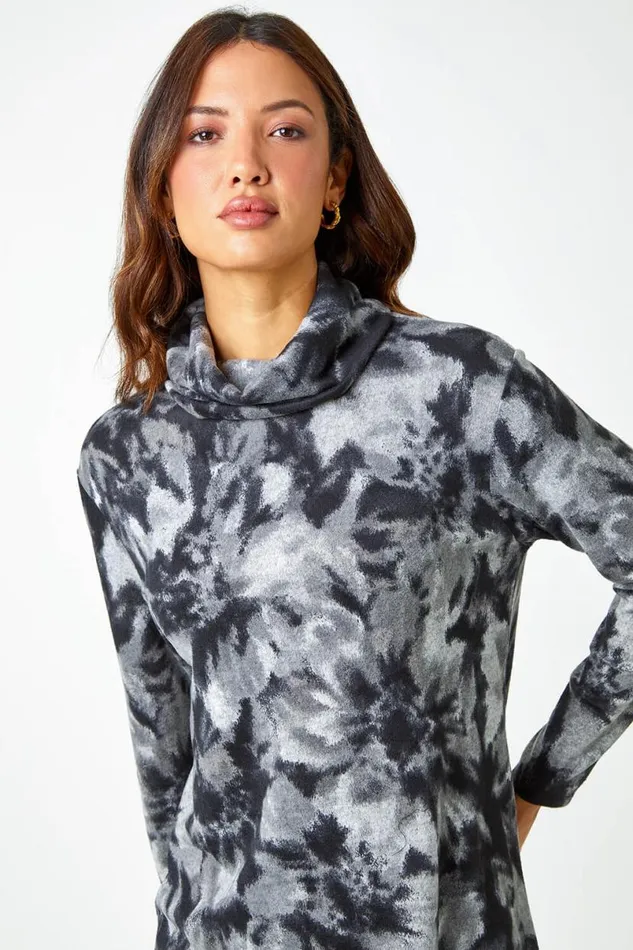 Grey Floral Tie Dye Print Tunic Stretch Dress Women Roman Dresses