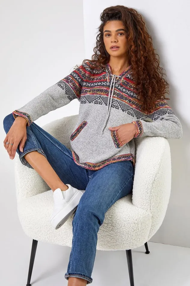 Grey Nordic Print Hooded VNeck Jumper Women Roman Knitwear