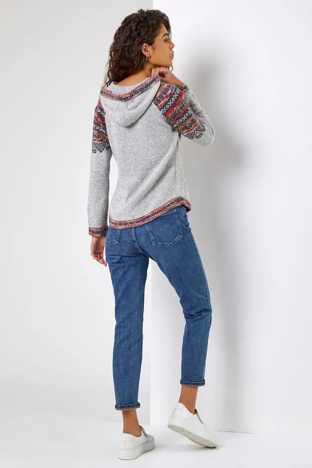 Grey Nordic Print Hooded VNeck Jumper Women Roman Knitwear