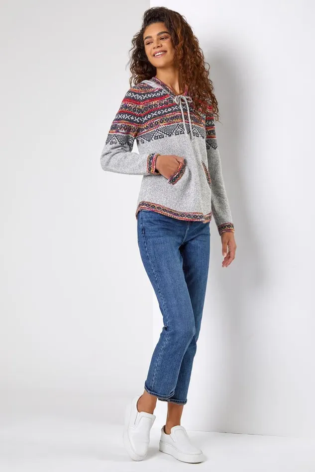 Grey Nordic Print Hooded VNeck Jumper Women Roman Knitwear