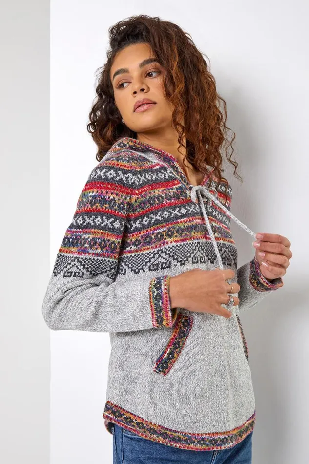 Grey Nordic Print Hooded VNeck Jumper Women Roman Knitwear