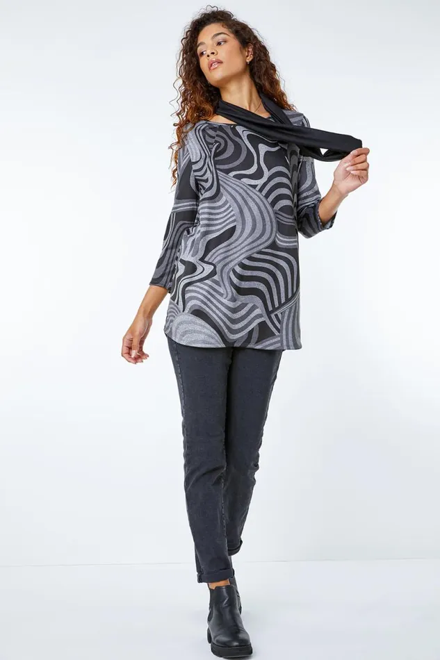 Grey Swirl Print Snood Top Women Roman Tops