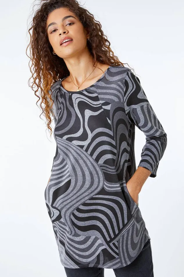 Grey Swirl Print Snood Top Women Roman Tops