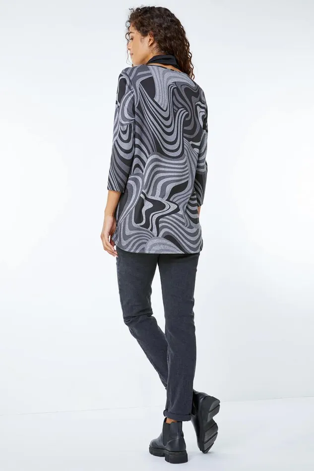 Grey Swirl Print Snood Top Women Roman Tops