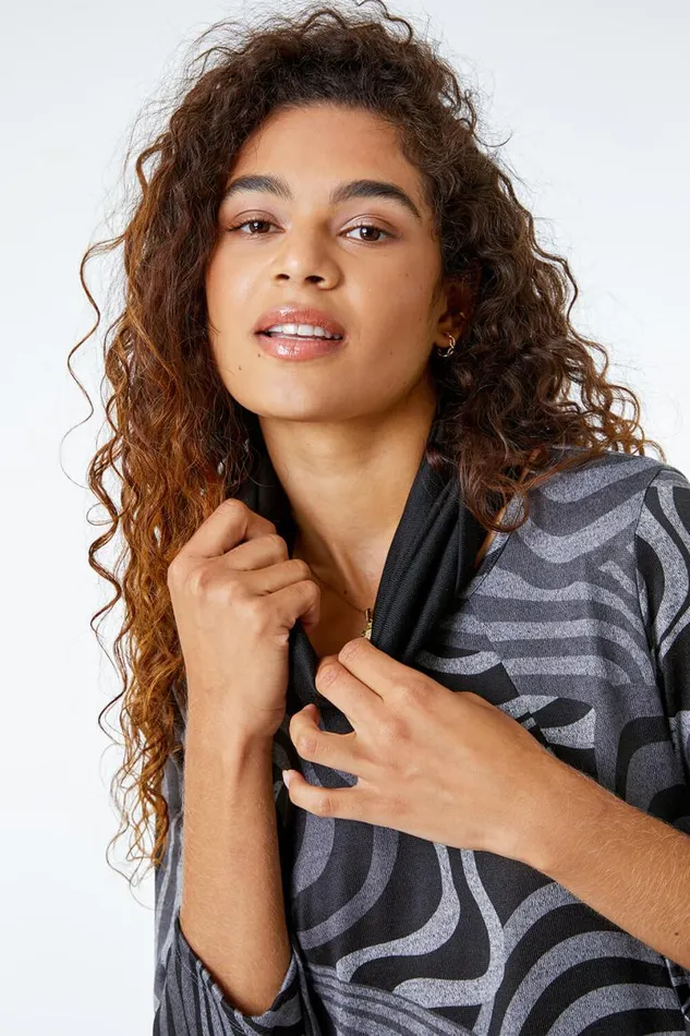 Grey Swirl Print Snood Top Women Roman Tops