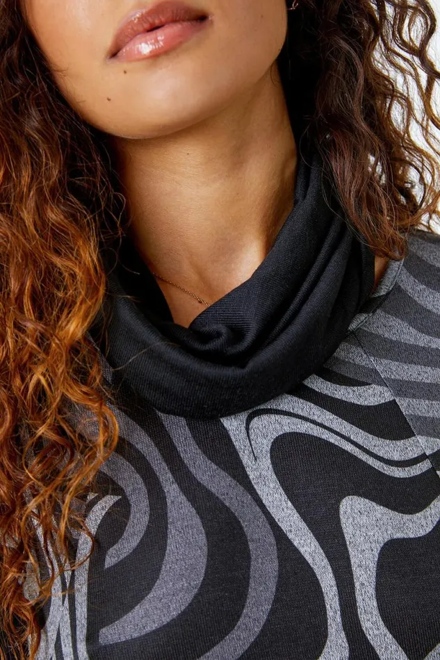 Grey Swirl Print Snood Top Women Roman Tops