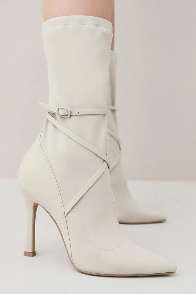 Heels Women Karen Millen Neoprene Buckle Detail Sock Boot Cream