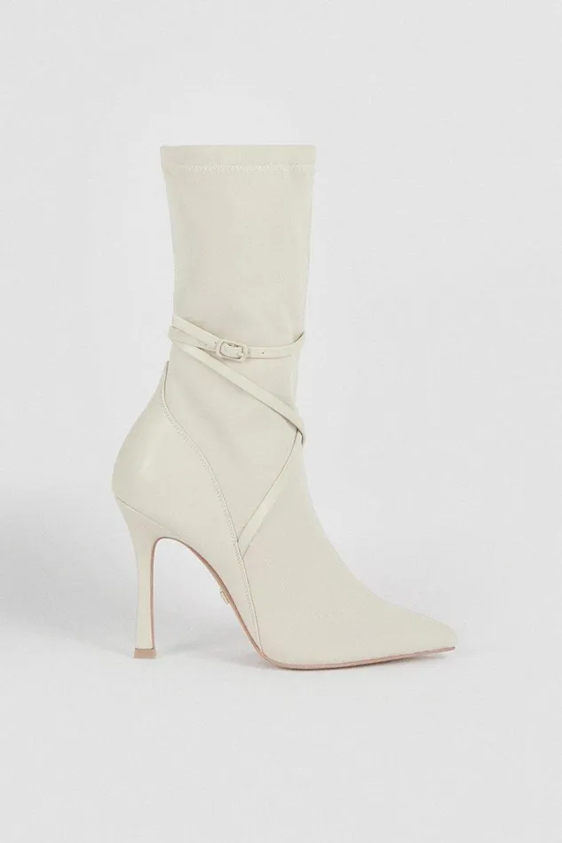 Heels Women Karen Millen Neoprene Buckle Detail Sock Boot Cream