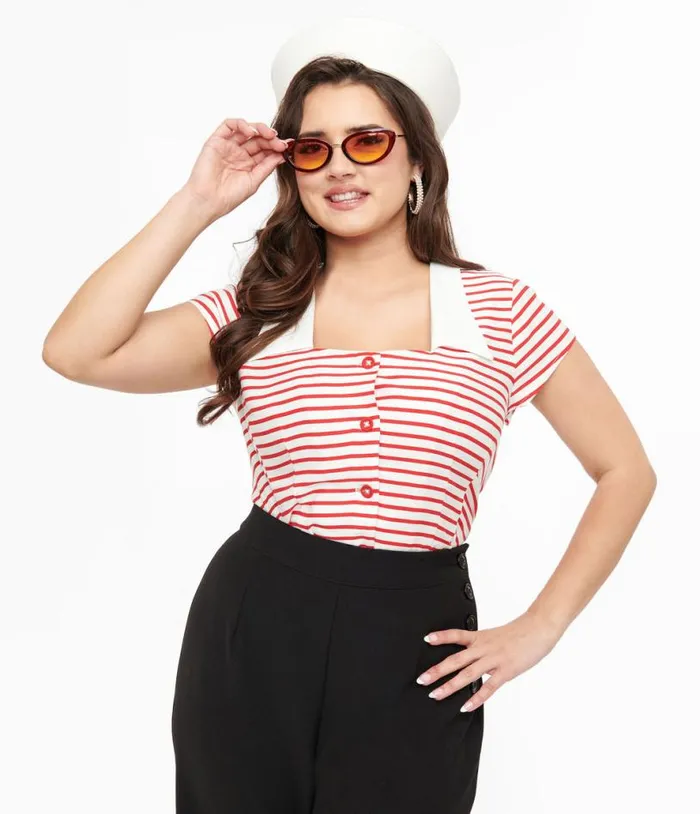 Hell Bunny 1940s Red and White Stripe Ahoy Blouse Clothing Unique Vintage Blouses
