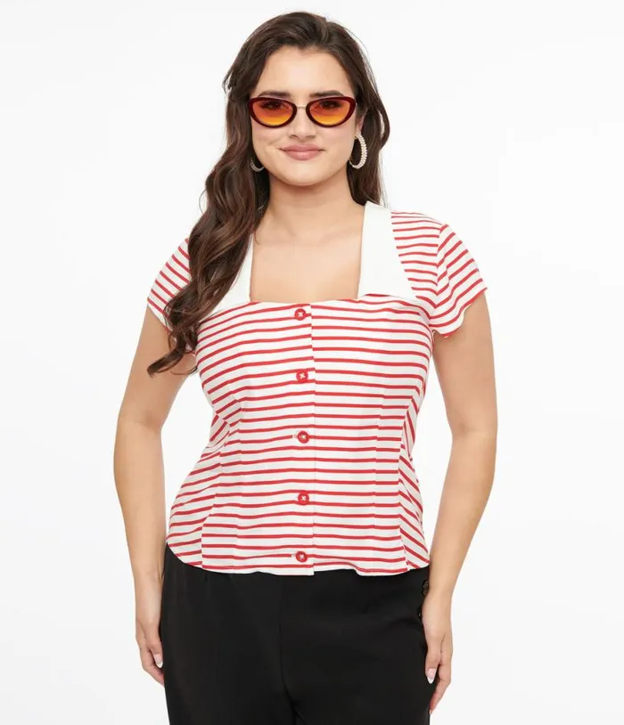 Hell Bunny 1940s Red and White Stripe Ahoy Blouse Clothing Unique Vintage Blouses