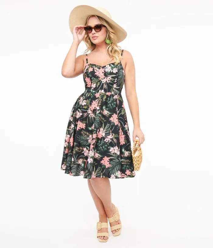 Hell Bunny 1950s Black and Pink Tropical Floral Print Cotton Calypso Swing Dress Dresses Unique Vintage Pocket Dresses