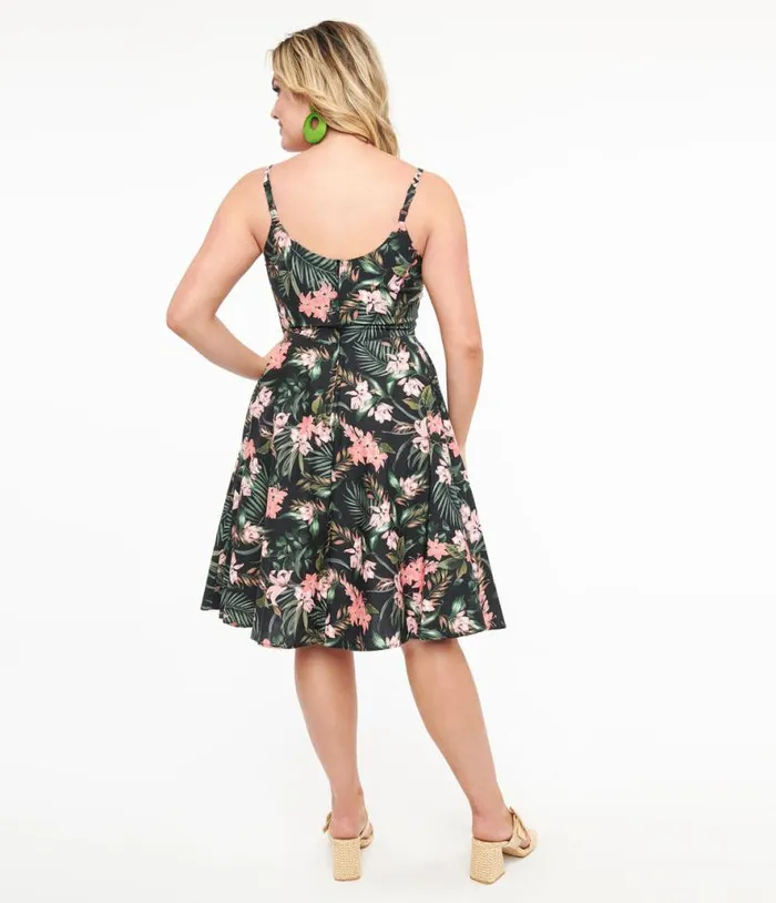 Hell Bunny 1950s Black and Pink Tropical Floral Print Cotton Calypso Swing Dress Dresses Unique Vintage Pocket Dresses