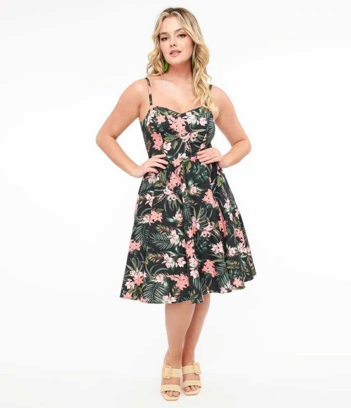 Hell Bunny 1950s Black and Pink Tropical Floral Print Cotton Calypso Swing Dress Dresses Unique Vintage Pocket Dresses