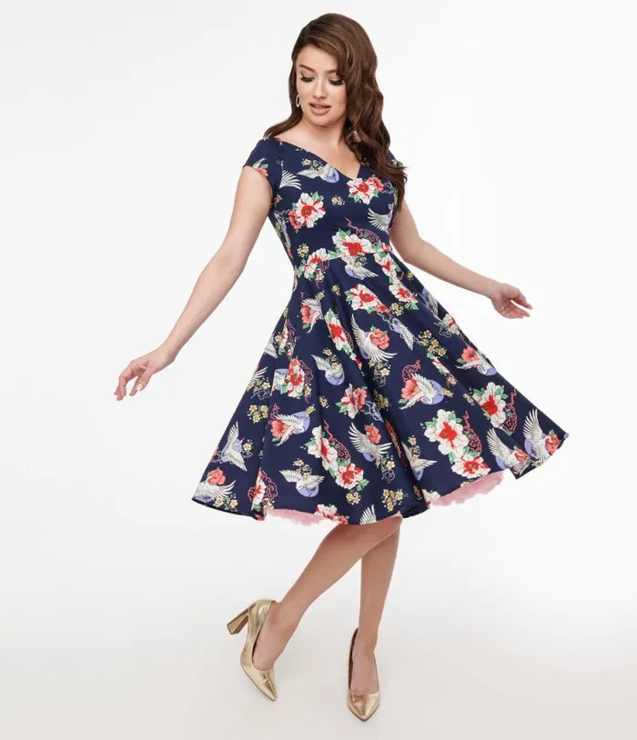 Hell Bunny 1950s Navy Floral and Cranes Cotton Swing Dress Dresses Unique Vintage Swing