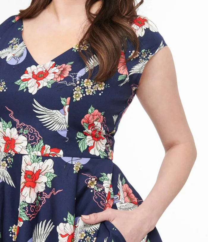 Hell Bunny 1950s Navy Floral and Cranes Cotton Swing Dress Dresses Unique Vintage Swing