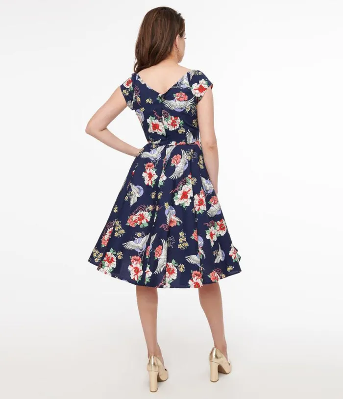 Hell Bunny 1950s Navy Floral and Cranes Cotton Swing Dress Dresses Unique Vintage Swing