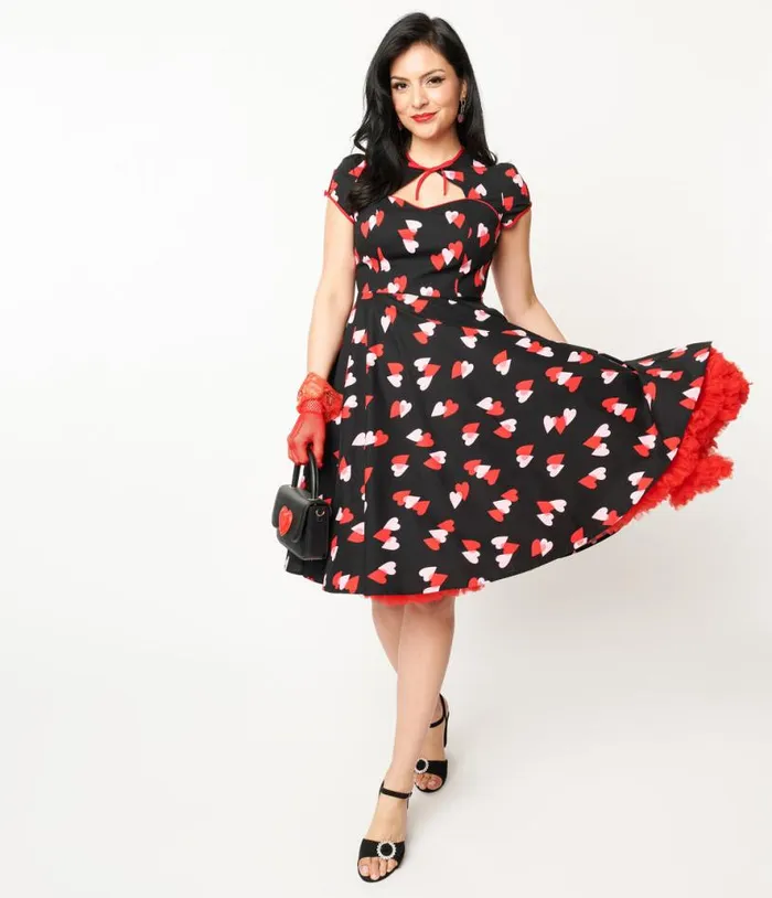 Hell Bunny Pink and Red Heart Confetti Swing Dress Dresses Unique Vintage Pocket Dresses