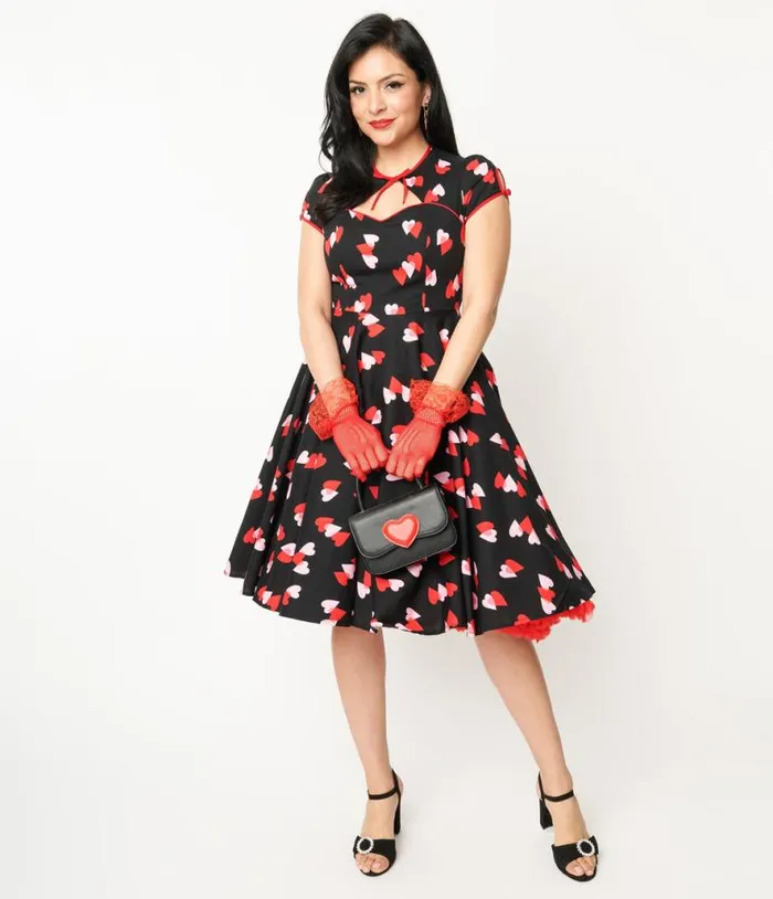 Hell Bunny Pink and Red Heart Confetti Swing Dress Dresses Unique Vintage Pocket Dresses