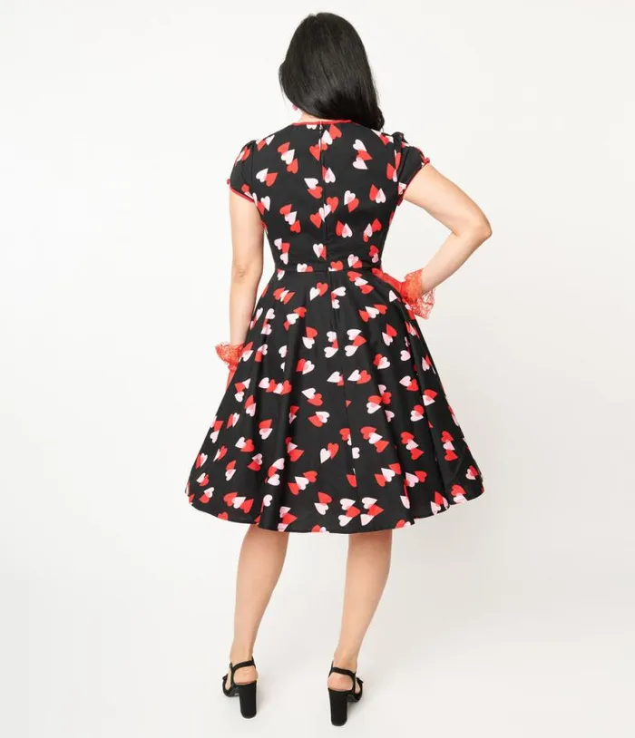 Hell Bunny Pink and Red Heart Confetti Swing Dress Dresses Unique Vintage Pocket Dresses