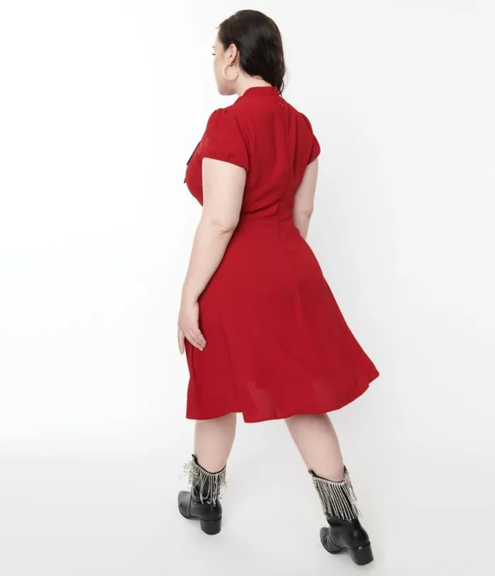 Hell Bunny Red Millie Fit and Flare Dress DressesPlus Unique Vintage Pocket Dresses