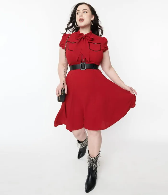 Hell Bunny Red Millie Fit and Flare Dress DressesPlus Unique Vintage Pocket Dresses