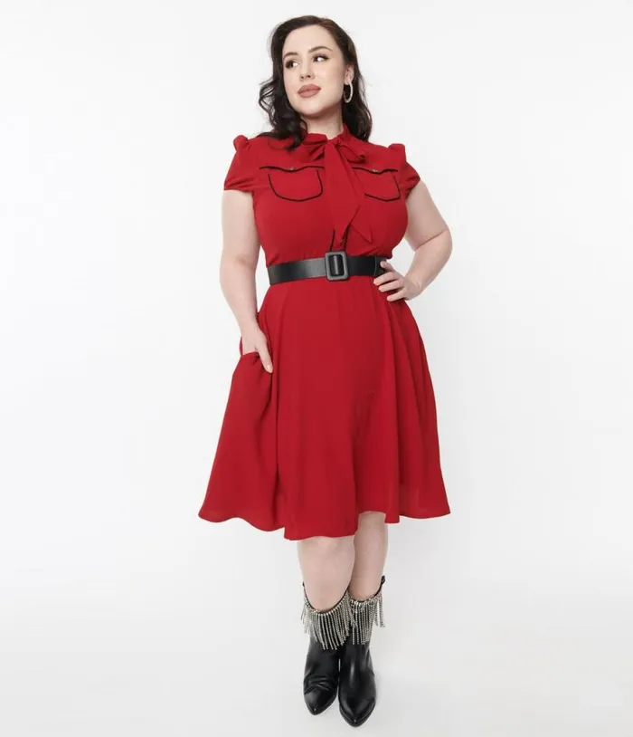 Hell Bunny Red Millie Fit and Flare Dress DressesPlus Unique Vintage Pocket Dresses