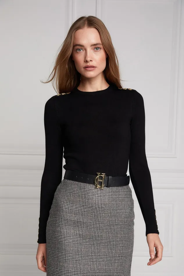 Holland Cooper Buttoned Knit Crew Neck Black Women Knitwear