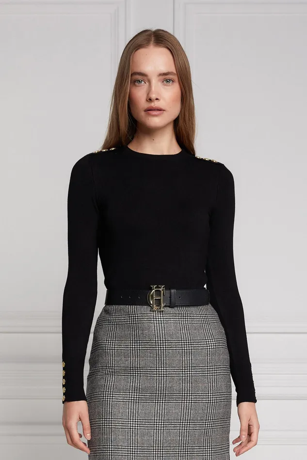 Holland Cooper Buttoned Knit Crew Neck Black Women Knitwear Holland Cooper Buttoned Knit Crew Neck Black Women Knitwear