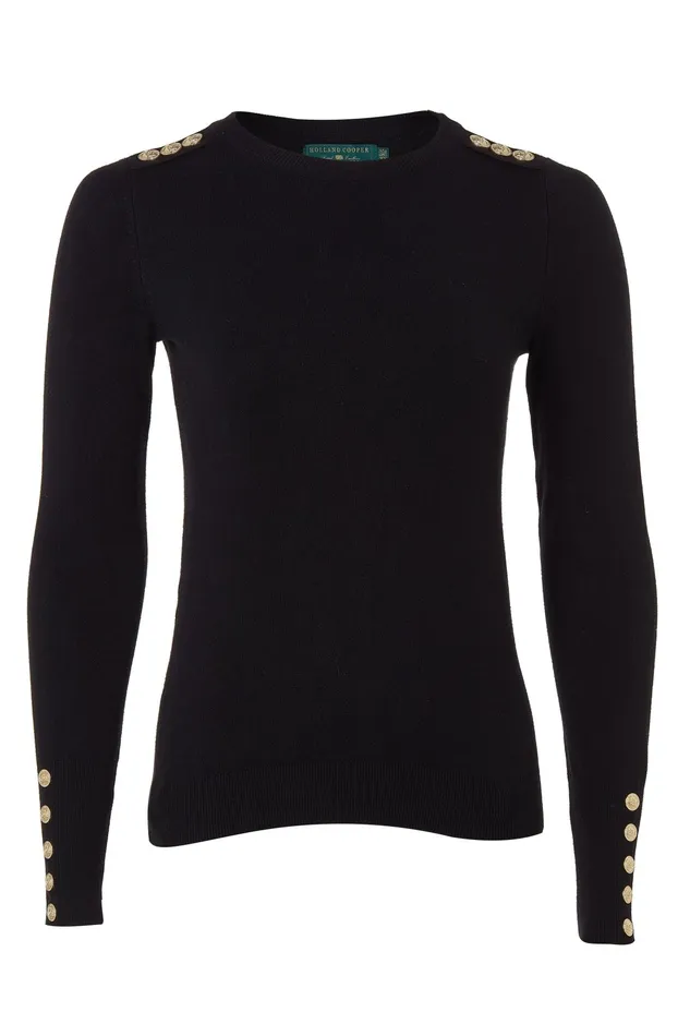 Holland Cooper Buttoned Knit Crew Neck Black Women Knitwear Holland Cooper Buttoned Knit Crew Neck Black Women Knitwear